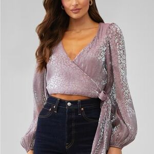 Show Me Your MuMu Pink Sequin Bishop Sleeve Wrap Blouse